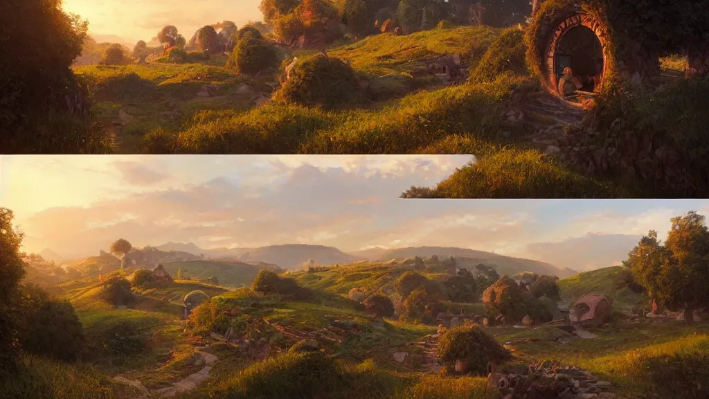 Prompt: a beautiful painting of hills in the shire with round hobbit doors and windows in them, at sunrise, intricate, elegant, highly detailed, digital painting, artstation, concept art, by krenz cushart and artem demura and alphonse mucha