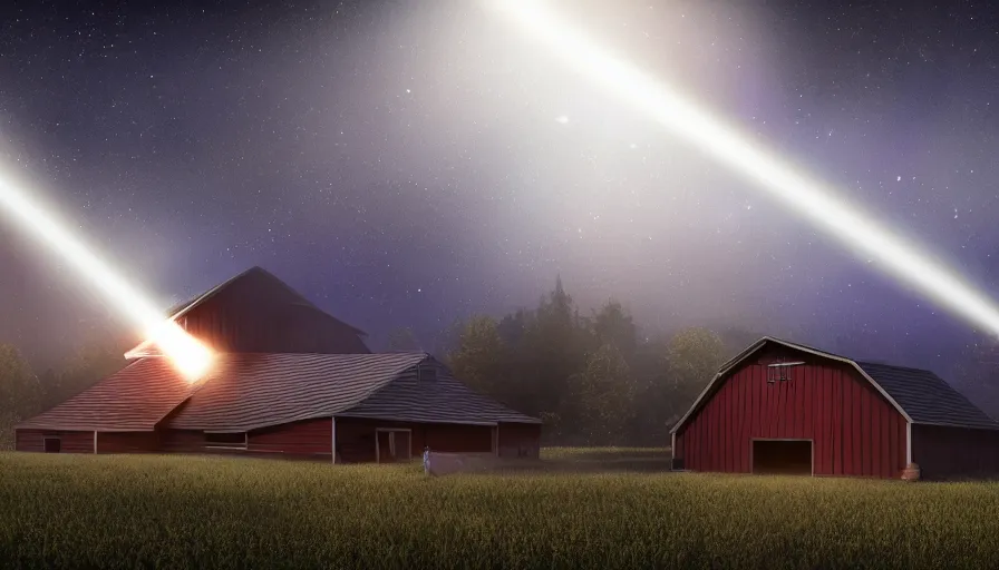 Image similar to a ufo emitting a beam of light floats over a barn with a broken roof, debris is ascending toward the ufo, volumetric lighting, night, photorealistic rendering, color palette, 8 k, hyperdetailed