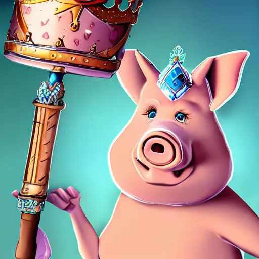 Image similar to A pig wearing a crown, with a light blue sword, 8k, Artstation, epic illustration