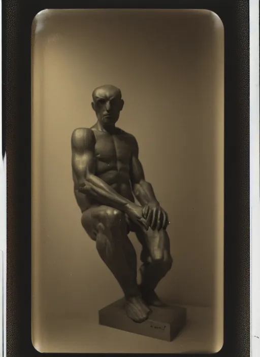 Prompt: an an android with an adult male human looking face is the thinker by auguste rodin, polaroid, flash photography, photo taken in a back storage room where you can see empty shelves in the background, 3 / 4 view portrait head chest and arms portrait of