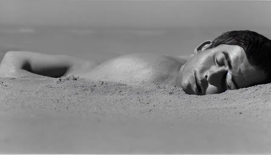 Image similar to 1 9 6 0 s movie still close up of marcus atilius regulus eyelids riped off looking directly at the sun his body buried in the sand, cinestill 8 0 0 t 3 5 mm b & w, high quality, heavy grain, high detail, texture, dramatic light, anamorphic, hyperrealistic, detailed hair