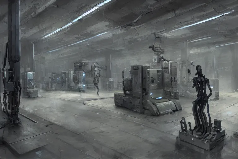 Prompt: gloomy ruined server room in datacenter painting concept art of half - body robot, artillery, pacing, computers, racks, motherboard, by pascal blanche rutkowski artstation detailed matte painting, 4 k resolution