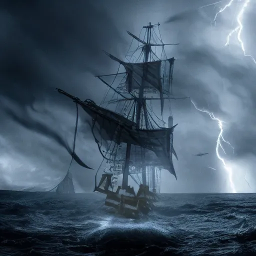 Image similar to ghost pirate sailing a bone ship in a deadly storm, gothic, 4k wallpaper