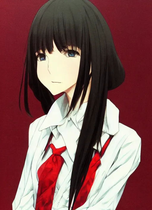 Prompt: luxury advertisement, medium close-up of a manga girl with a white school uniform by krenz cushart, Sasoura, Satchely and Akihiko Yoshida, black medium length Dutch bob cut hair with straight bangs, poster