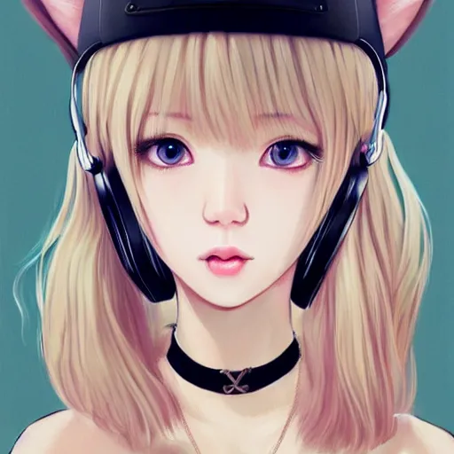 Image similar to realistic beautiful gorgeous natural cute Blackpink Lalisa Manoban blonde hair cute fur blonde cat ears, wearing camisole, wearing headphones, wearing black leather choker artwork drawn full HD 4K highest quality in artstyle by professional artists WLOP, Taejune Kim, Guweiz on Artstation Pixiv