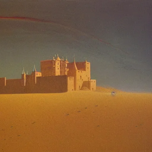 Prompt: Beksinski painting of Cracow Wawel castle buried in the sands of a vast desert, most of the castle is covered in sand, beautiful lighting, detailed, realistic