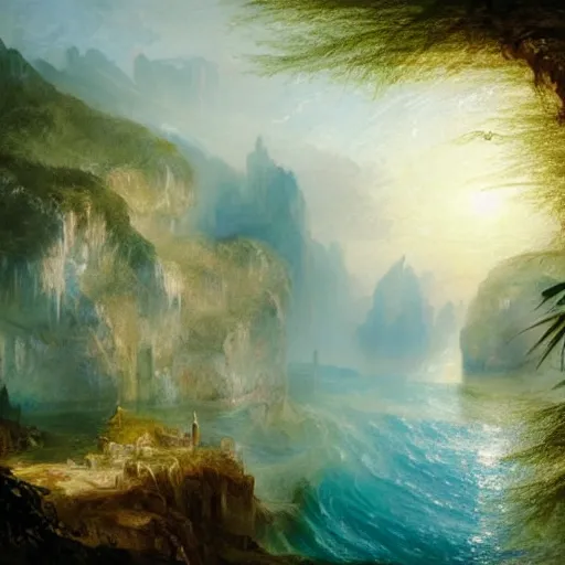 Image similar to Detailed exterior of sunny island, sparkling cove, epic light, sparkling cove, tropical landscape, lush vegetation, bamboo huts, In style of Peter Mohrbacher, art of J.M.W. Turner