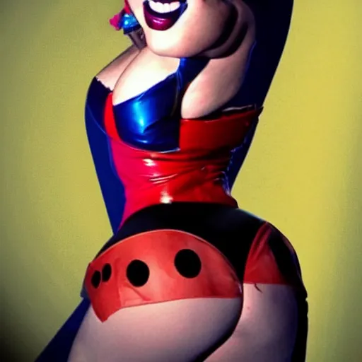 Image similar to lady gaga as harley quinn, insane details, thicc body, skintight outfit, movie poster