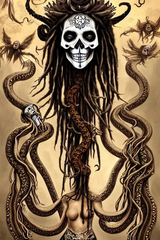 Image similar to evil angels that look like hippies with dreadlocks dancing with snakes, fantasy, face with skull mask, long hair, intricate, elegant, highly detailed, digital painting, artstation, concept art, smooth, sharp focus, illustration, art by aleister crowley and jung