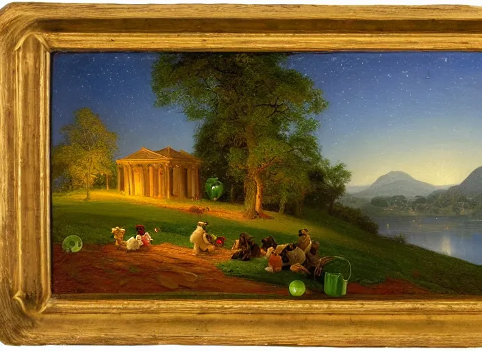 Image similar to american realist romanticism landscape painting of winnie the pooh characters at night, night time, colorful paper lanterns, in the style of hudson river school and thomas cole and albert bierstadt and robert duncanson and vincent van gogh