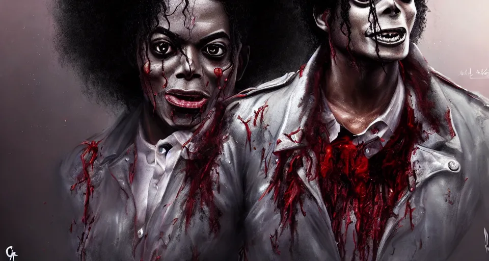 Image similar to black michael jackson from thriller as a angry zombie, gaping wounds, horror bloody, fine art, award winning, intricate, elegant, sharp focus, cinematic lighting, highly detailed, digital painting, 8 k concept art, art by guweiz and z. w. gu, masterpiece, trending on artstation, 8 k