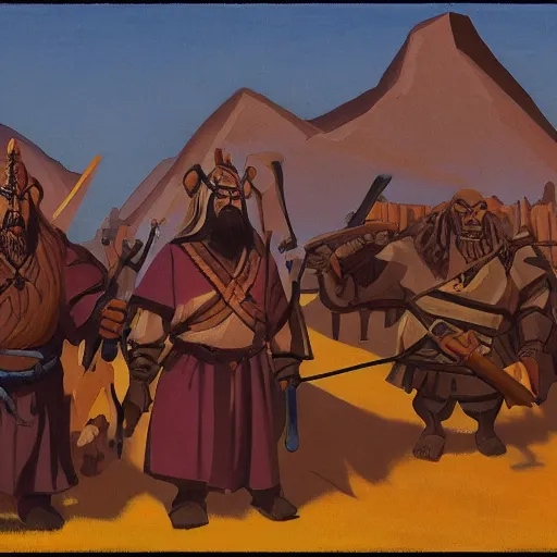 Prompt: slavic orcs in the steppe, orcs lord of the rings, orthodox, art by nicholas roerich, high resolution, trending on artstation,