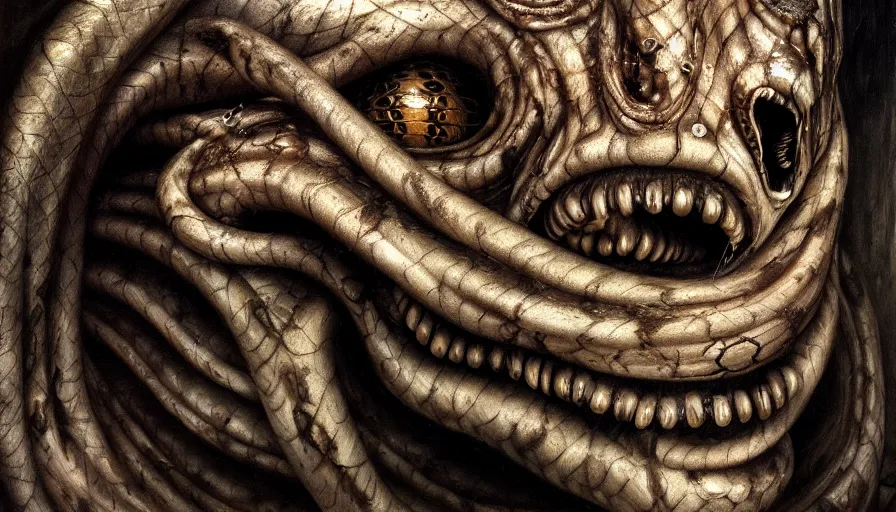 Prompt: rotting snake with human face, death, fear, horror, extremely high detail, ultra realistic, hyperrealism, by giger, 4 k