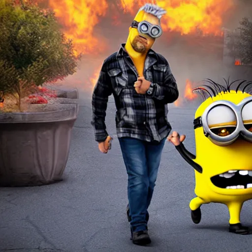 Prompt: minion guy fierri walking the streets of flavortown, photorealistic