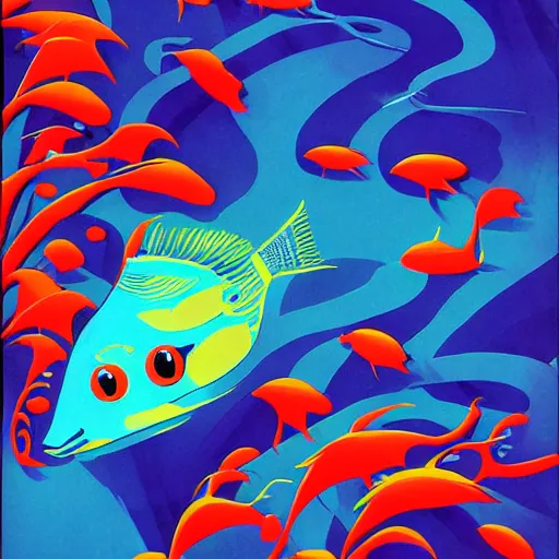 Image similar to fantastic mythical fish swimming around, eyvind earle style