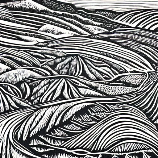 Prompt: intricate, detailed, Linocut Art on paper of canadian fields and mountains. Epic Latin American Linocut Art by leopoldo mendez.