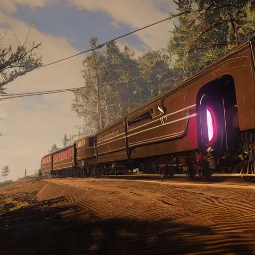 Image similar to futuristic sleek steam locomotive in red dead redemption 2