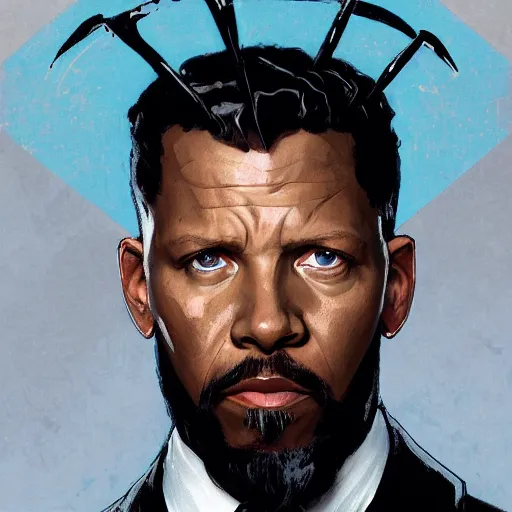 Prompt: Gavin McInnes wearing a suit in the Black Panther, sigma male, portrait art by alphonse mucha and greg rutkowski, highly detailed, digital painting, concept art, illustration, dim lighting with twilight rays of sunlight, trending on artstation, very detailed, smooth, sharp focus, octane render