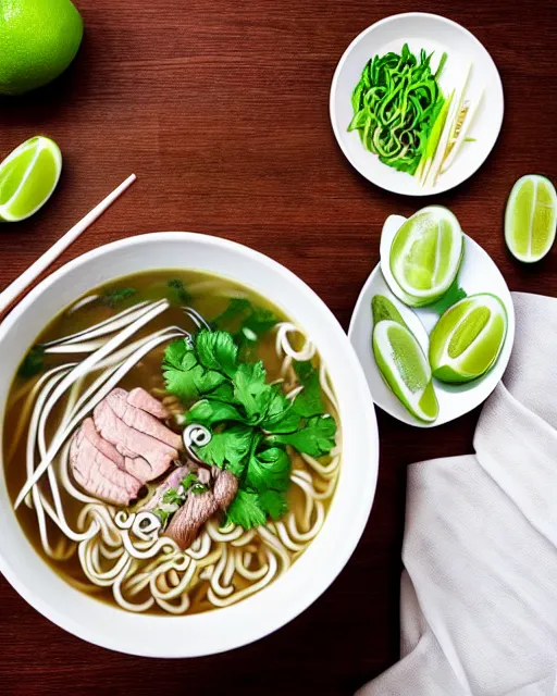 Prompt: realistic photo of delicious pho, ramen, bowl, white kitchen table, cloth, highly detailed, by marc haydon, kailee mandel, masterpiece, award winning, food photography