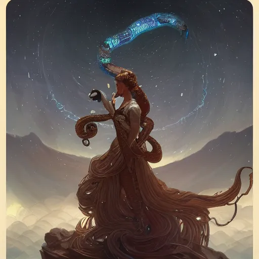 Image similar to serpent made of stars curled in the sky, extremely detailed, 8 k, fantasy, elegant, pale, highly detailed, digital painting, artstation, concept art, smooth, sharp focus, illustration, art by artgerm and greg rutkowski and alphonse mucha