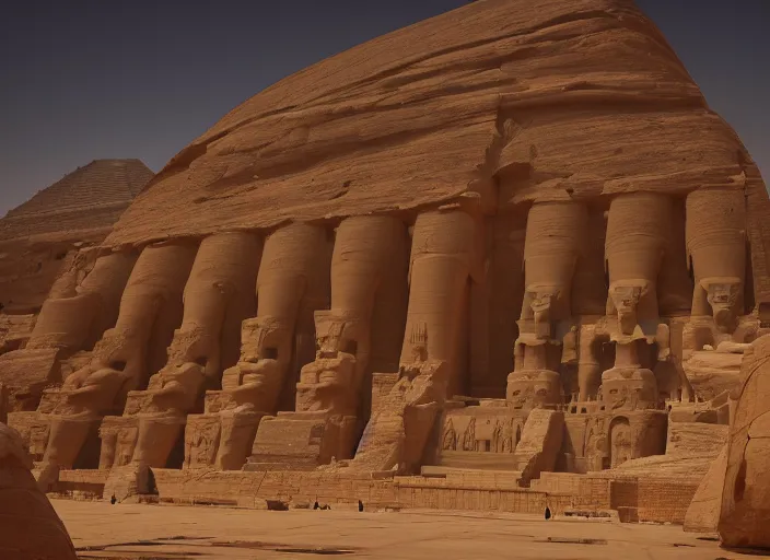 Image similar to A hyper-realistic oil painting of the majestic Abu Simbel temple, Greg Rutkowski, located in Egypt, photorealistic, 4k, HQ, volumetric lighting, immaculate scale, trending on Artstation