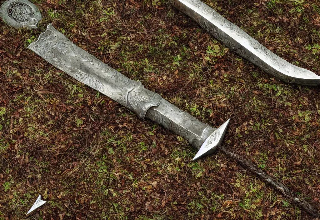 Prompt: Excalibur sword stuck in the ground, 4k ultra hd, fantasy dark art