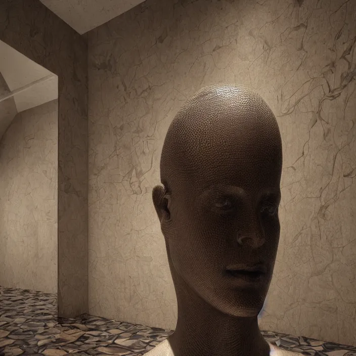 Prompt: enormous mannequin head statue, manhyperrealistic random objects in a surreal minimalistic dreamscape environment by salvador dali, highly detailed, 3 d render, vray, octane, beautiful lighting, photorealistic, intricate, elegant, wayne barlowe, water, mirrors, doorway, beautiful, masterpiece, trending on artstation, artgerm, checkered floor