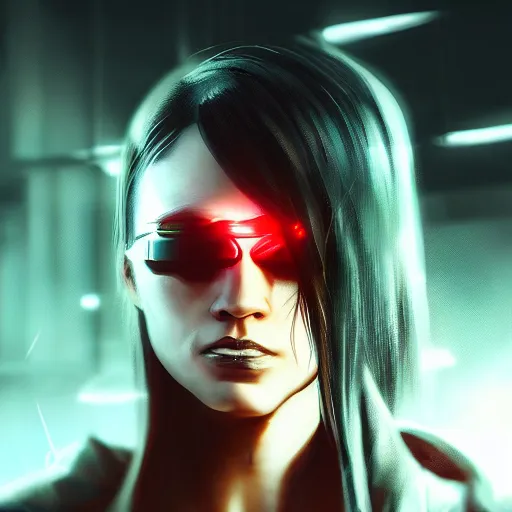 Image similar to a expressive portrait photograph of cyberpunk woman with eye implants in dramatic lighting, depth of field background, artstation, concept art, realism masterpiece