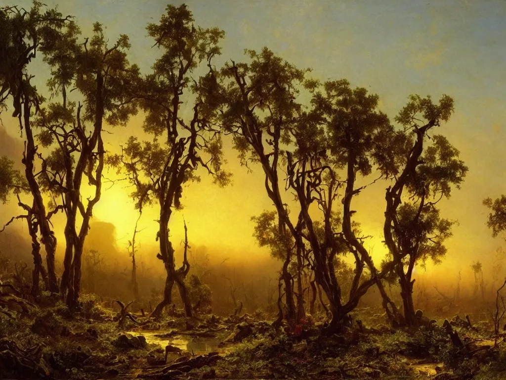 Prompt: a new dawn after a post apocalyptic california landscape after a nuclear war, foliage, plants, flowers, beautiful, sunrise lighting, beautiful painting, los angeles, painted by albert bierstadt