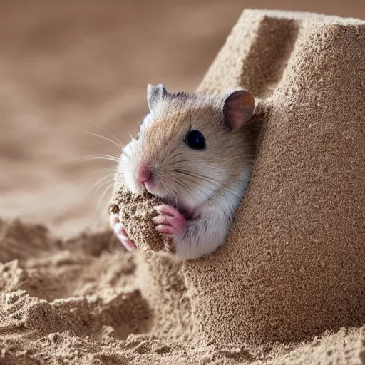 Image similar to Photo of a hamster making a giant sandcastle, highly-detailed 4K award-winning