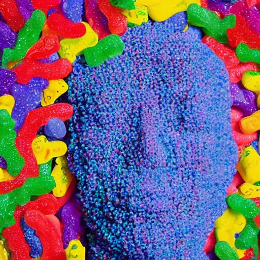 Image similar to a human head sculpture made out of thousands small gummy bears placed on the surface of the ocean, giant sculpture, in the style of chad knight, long shot, hyper detailed, hyper realistic, ray tracing, 8 k resolution, sharp focus, realistic water, award winning