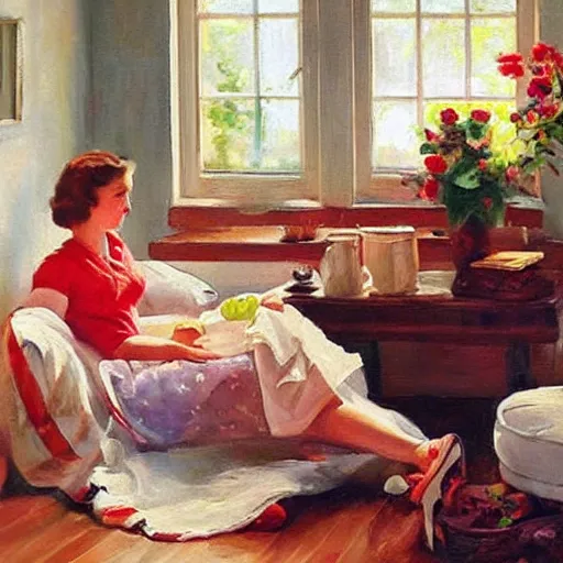 Image similar to 1950s Americana, domestic scene, family, romantic, inviting, cozy, painting Vladimir Volegov