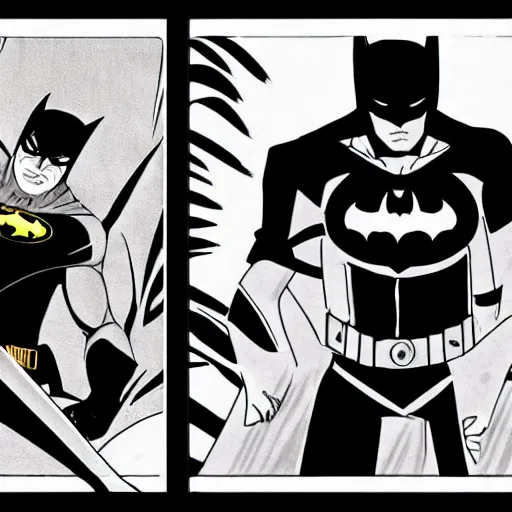 Prompt: Batman vs Sasuke by Kishimoto 8k manga panels black and white good composition