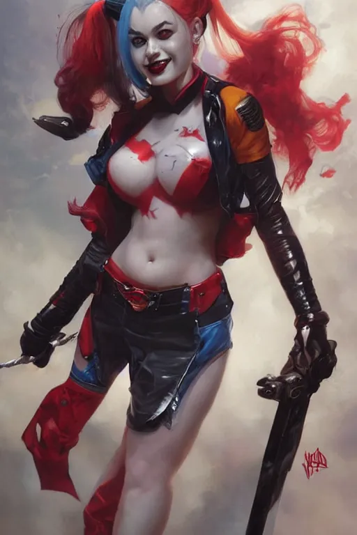 Prompt: Harley Quinn, dc comics, Warhammer 40000, digital art from artstation by Ruan Jia and Mandy Jurgens and Artgerm and william-adolphe bouguereau