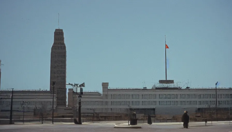 Image similar to 60s movie still of a sovietic stalinist style empty light blue parliement, cinestill 800t 50mm eastmancolor, liminal Space style, heavy grain-s 150