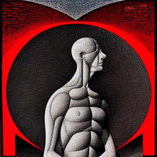 Prompt: red grainy spray effect super conceptual figurative post - morden monumental figurative portrait made by escher and william blake, highly conceptual figurative art, intricate detailed illustration, illustration sharp geometrical detail, vector sharp graphic, controversial, manga 1 9 9 0