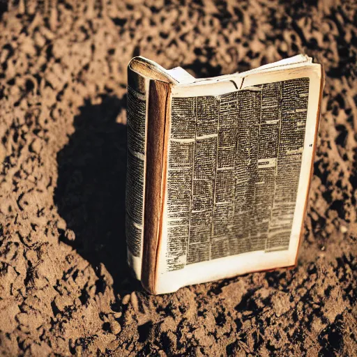 Image similar to a bible half buried and dusty in the ground, seen in a 7 0 mm macro lens