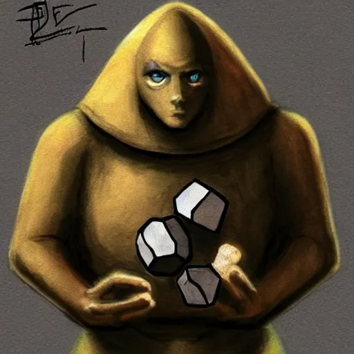 Image similar to Golem with a 12 sided dice as head. Dark Fantasy, concept art, art by Kouichirou Harada