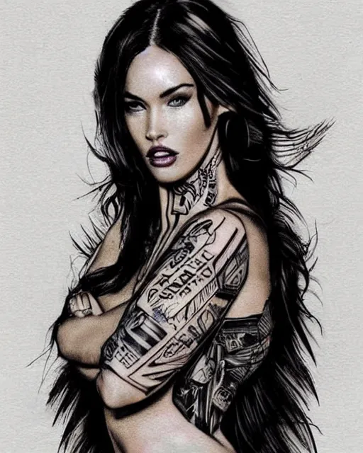 Image similar to double exposure tattoo design sketch of megan fox and beautiful mountains, surrealism tattoo, in the style of matteo pasqualin, amazing detail, sharp