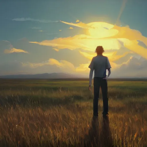 Image similar to a painting of a man standing in a field at sunset, a detailed matte painting by makoto shinkai, cgsociety, neo - primitivism, anamorphic lens flare, matte painting, global illumination