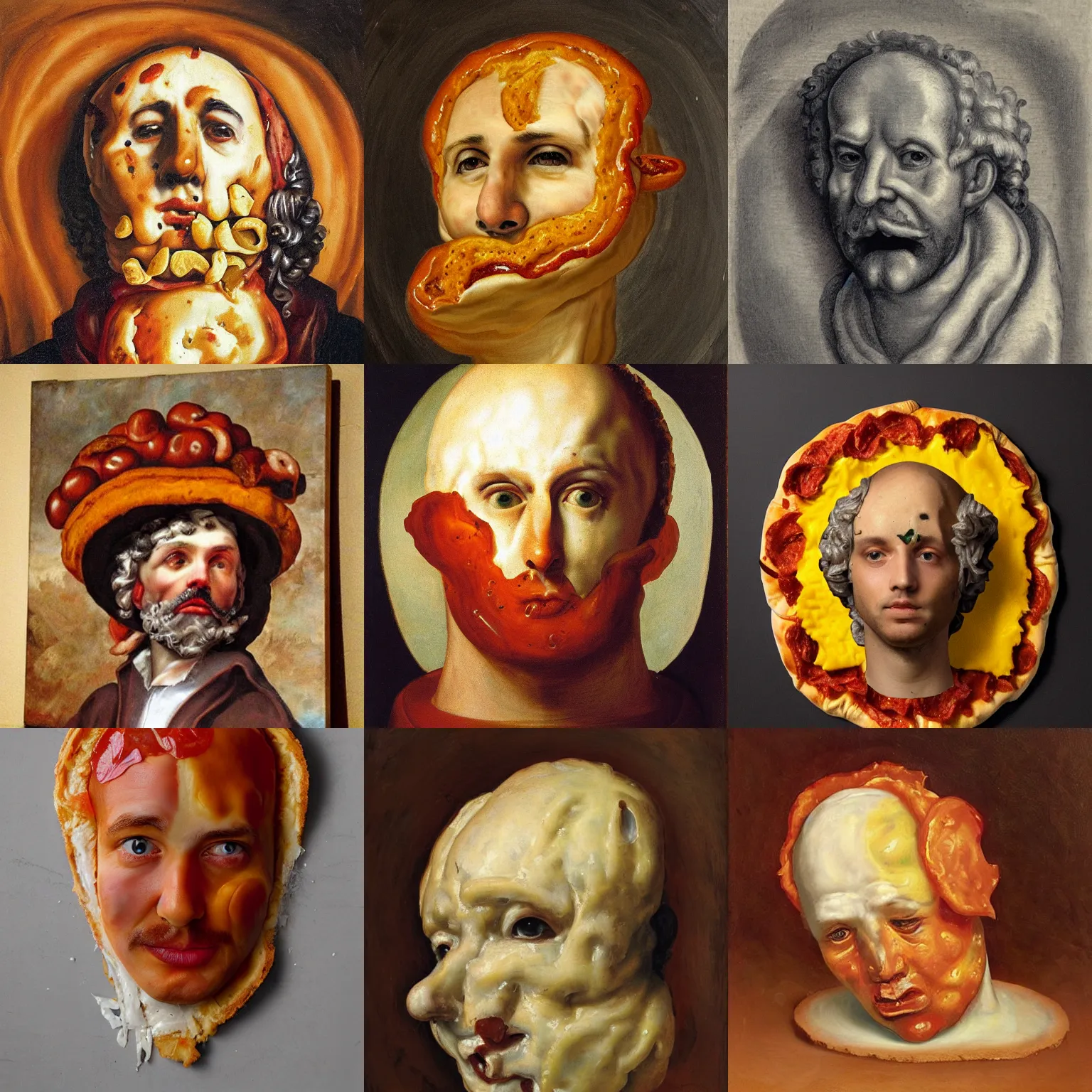 Prompt: calzone man, baroque painting, head made of cheesy calzone, pepperoni on face