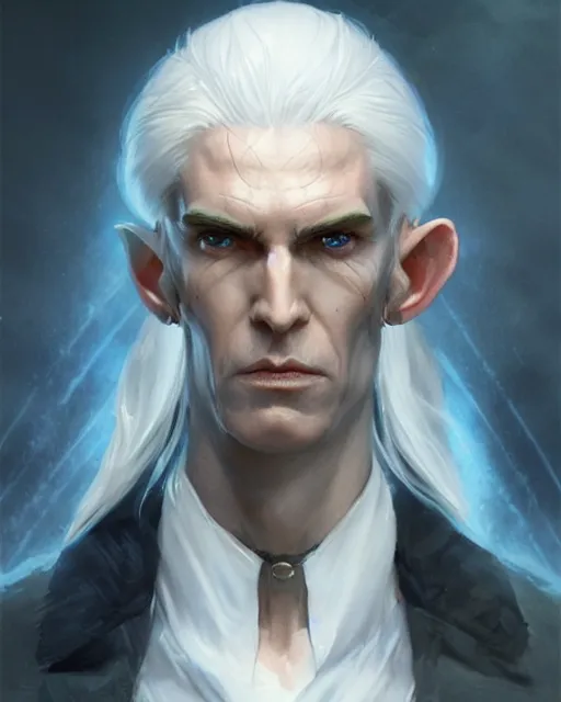 Image similar to character portrait of a slender half - elven man with white hair and blue eyes, by greg rutkowski, mark brookes, jim burns, tom bagshaw, trending on artstation