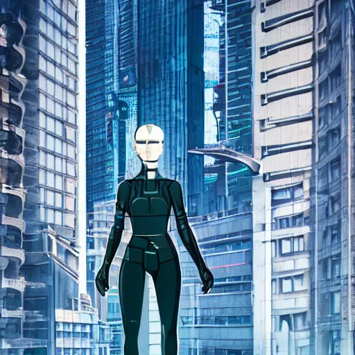 Image similar to portrait of a female cyborg walking down a futuristic cyberpunk street with tall buildings on both sides