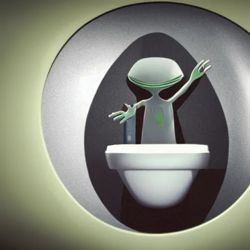 Prompt: alien holding a toilet plunger inside of a toilet stall