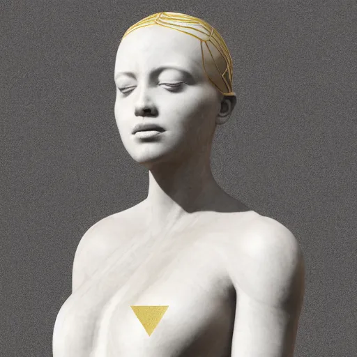 Image similar to a statue made of white marble with gold veins, of an beautiful pregnant woman, perfect symmetrical body, perfect symmetrical face, closed eyes, hyper realistic, hyper detailed, fujicolor superia, bokeh background, full body shot, by peter kemp, by monia merlo octane render, blender, 8 k