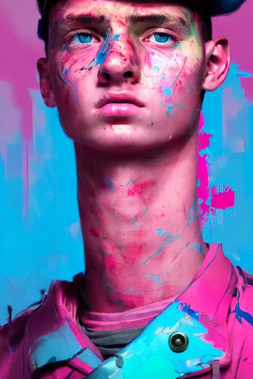 Prompt: portrait of a young soldier boy nor living in a death postapoliptic world, painterly painted in the colors hot pink and cyan, beautiful face, rule of thirds, complex outfit, spotlight, octane render, dramtic lit, by greg rutkowski, by jeremy mann, by francoise nielly, by van gogh, digital painting