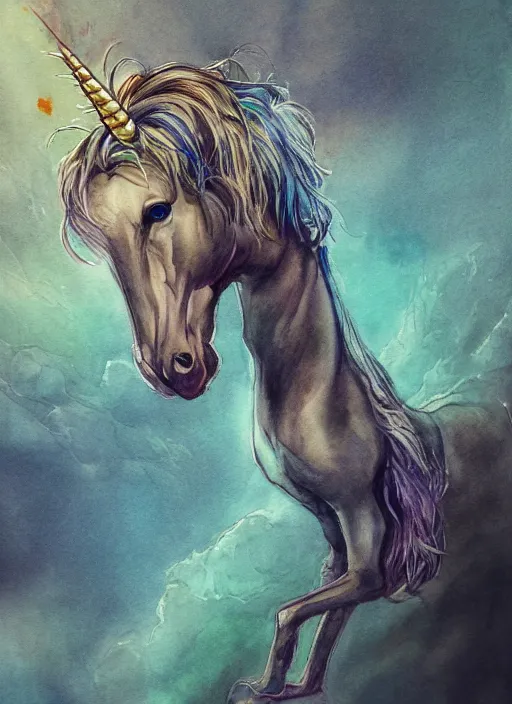 Image similar to portrait, a sad depressed unicorn that hung itself from a rainbow, watercolor, dramatic lighting, cinematic, establishing shot, extremely high detail, foto realistic, cinematic lighting, pen and ink, intricate line drawings, by Yoshitaka Amano, Ruan Jia, Kentaro Miura, Artgerm, post processed, concept art, artstation, matte painting, style by eddie mendoza, raphael lacoste, alex ross