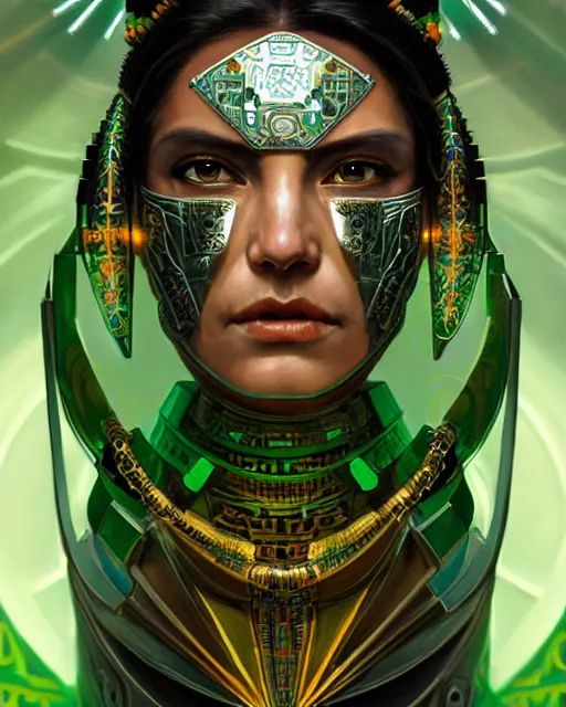 Prompt: portrait of a beautiful cyberpunk aztec woman wearing a silver green jade armor, beautiful symmetrical face, golden, fantasy, regal, by stanley artgerm lau, greg rutkowski, thomas kindkade, alphonse mucha, loish, norman rockwell.