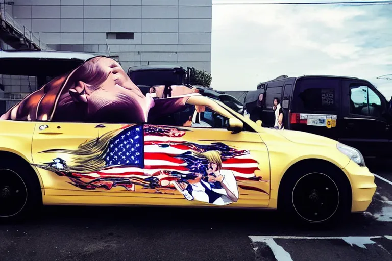 Prompt: trump-car-wrap-from-the-side, anime, anime anime