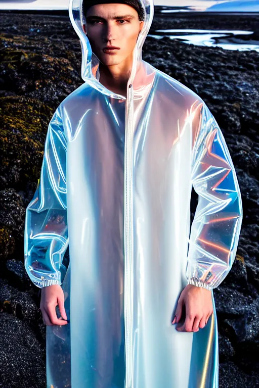 Image similar to an ultra high definition professional high fashion portrait studio full length photograph of a male model wearing a transparent pearlescent raincoat and neon visor in an icelandic black rock environment at dawn. no artefacts. extremely detailed. stark. refraction. shallow depth of field. volumetric light and shadow. ray tracing. light rays.